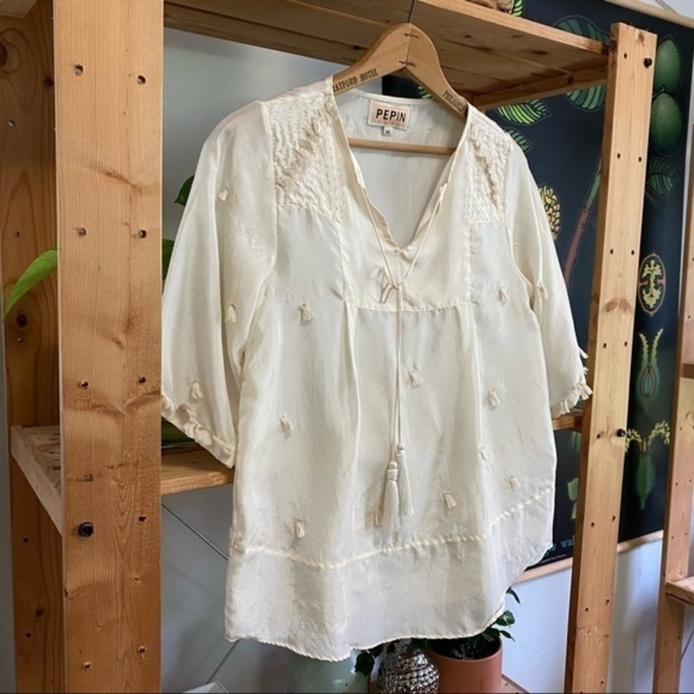 Anthropologie Pepin Cream Crinkled Silk Tassel Blouse Top XS - Picture 6 of 15